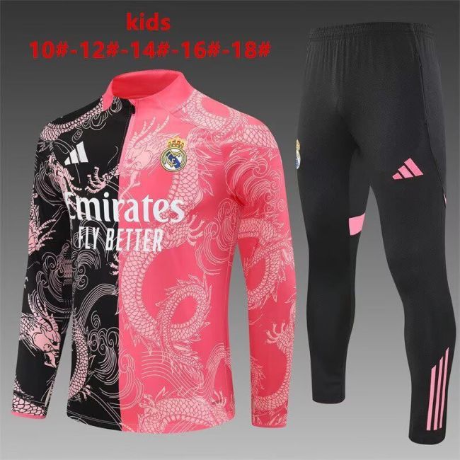 Youth 2025-2026 Real Madrid Black/Pink Dragon Soccer Training Sweater and Pants Football Kit
