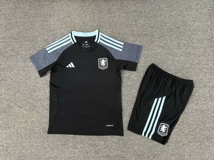 Youth Uniform Kids Kit 2025-2026 Aston Villa Away Black Soccer Jersey Shorts Child Football Set