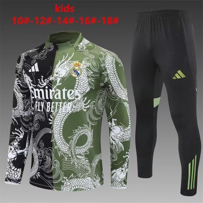 Youth 2025-2026 Real Madrid Black/Green Dragon Soccer Training Sweater and Pants Football Kit