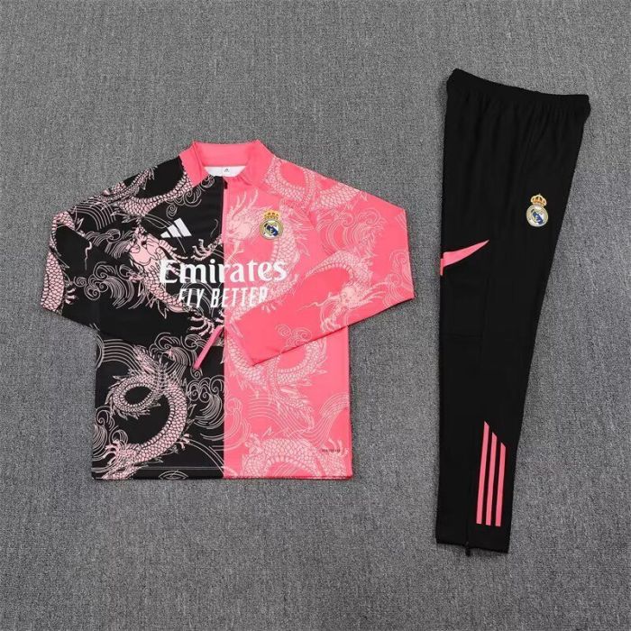 2025-2026 Real Madrid Black/Pink Dragon Soccer Training Sweater and Pants Football Kit
