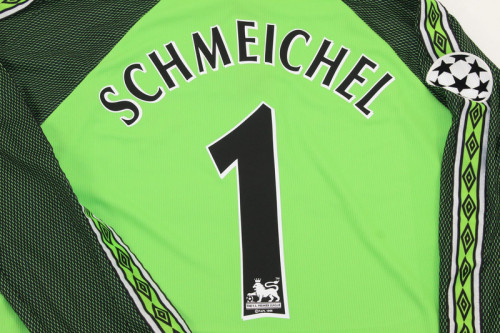 with UCL Patch Long Sleeve Retro Jersey 1998-1999 Manchester United SCHMEICHEL 1 Green Goalkeeper Soccer Jersey Vintage Man Utd Football Shirt