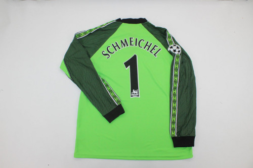 with UCL Patch Long Sleeve Retro Jersey 1998-1999 Manchester United SCHMEICHEL 1 Green Goalkeeper Soccer Jersey Vintage Man Utd Football Shirt