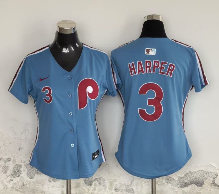 Women Philadelphia Phillies 3 HARPER Blue Base Jersey Lady MLB Shirt