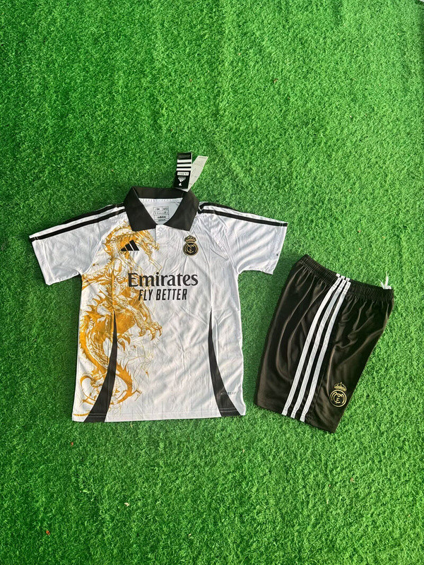 Youth Uniform Kids Kit 2025-2026 Real Madrid White/Gold Dragon Soccer Jersey Shorts Child Football Set