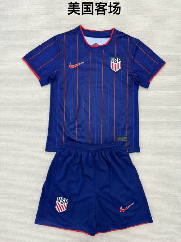 Youth Uniform Kids Kit USA 2025 Away blue Soccer Jersey Shorts United States Child Football Set