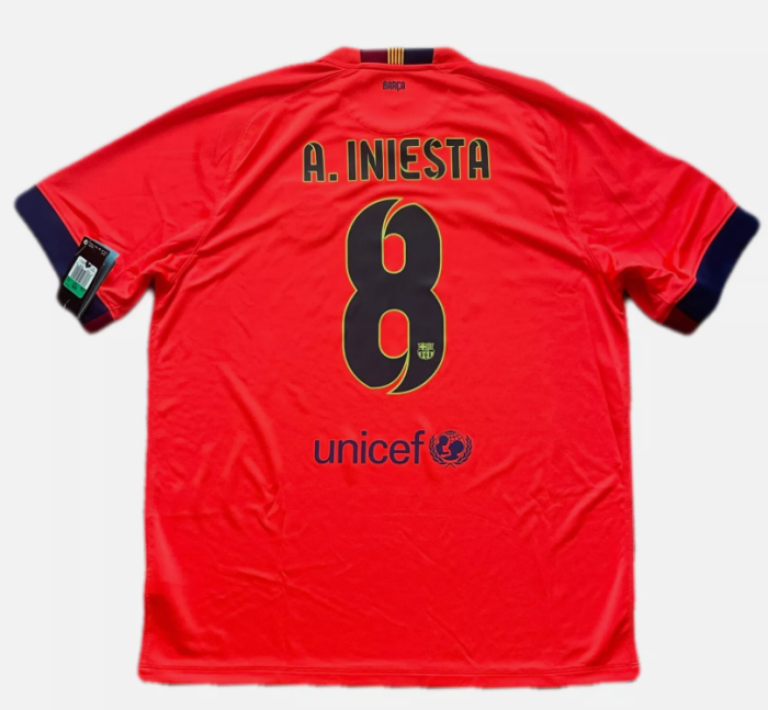 with LFP Patch Retro Jersey 2014-2015 Barcelona A.INIESTA 8 Away Orange Soccer Jersey Vintage Football Shirt