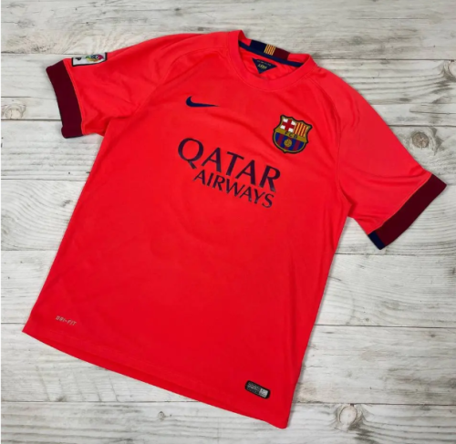 with LFP Patch Retro Jersey 2014-2015 Barcelona SUAREZ 9 Away Orange Soccer Jersey Vintage Football Shirt