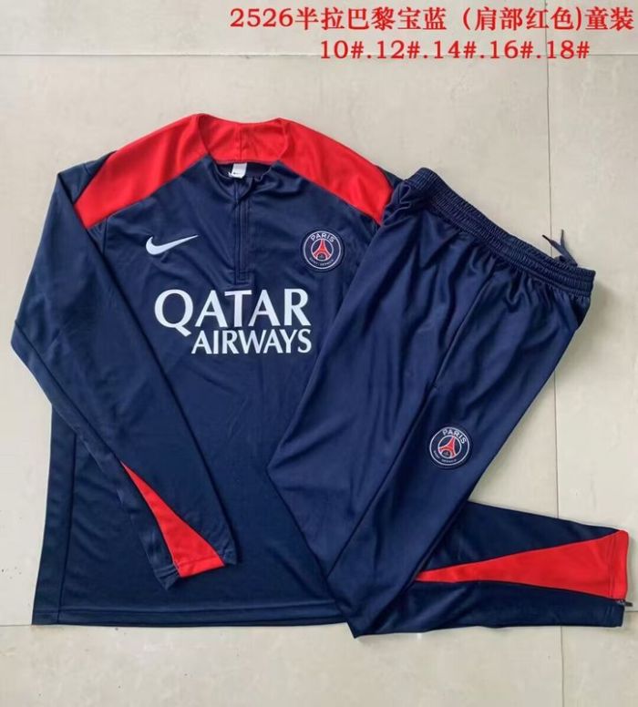 Youth 2025-2026 PSG Dark Blue/Red Soccer Training Sweater and Pants Football Kit