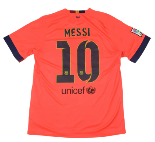 with LFP Patch Retro Jersey 2014-2015 Barcelona MESSI 10 Away Orange Soccer Jersey Vintage Football Shirt
