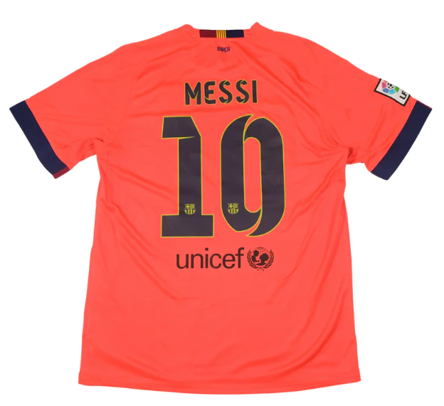 with LFP Patch Retro Jersey 2014-2015 Barcelona MESSI 10 Away Orange Soccer Jersey Vintage Football Shirt