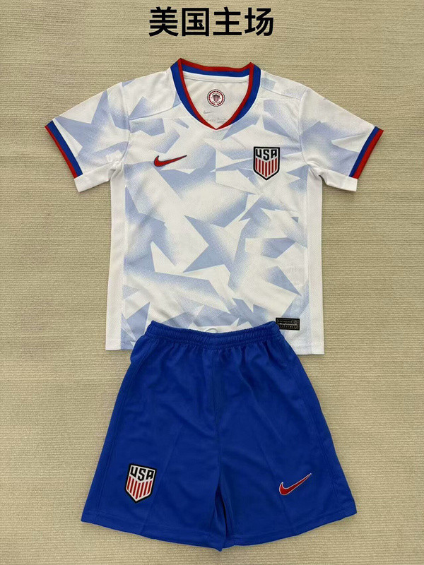 Youth Uniform Kids Kit USA 2025 Home Soccer Jersey Shorts United States Child Football Set