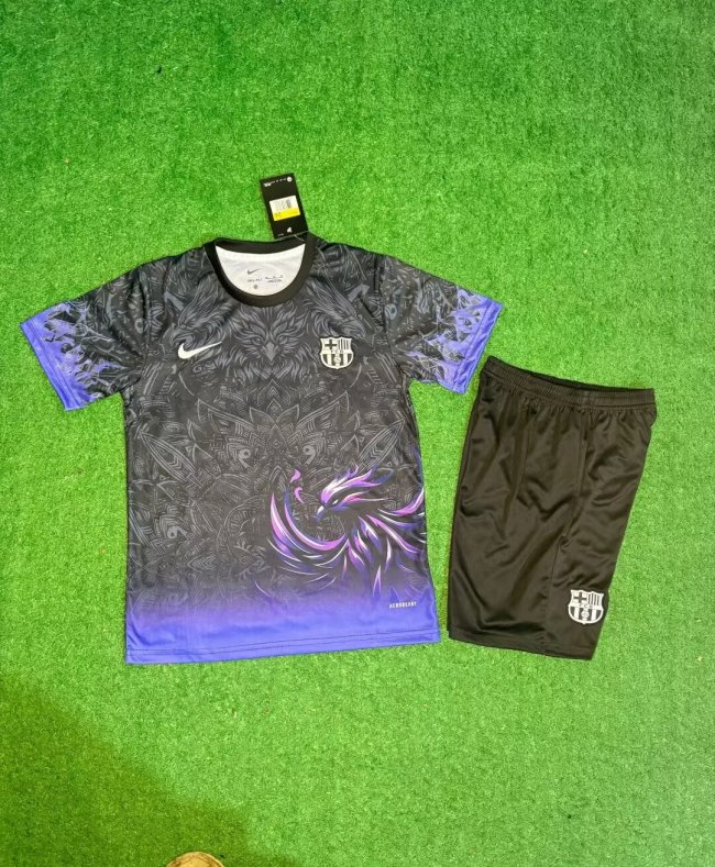 Youth Uniform Kids Kit 2025-2026 Barcelona Black/Purple Soccer Jersey Shorts Child Football Set