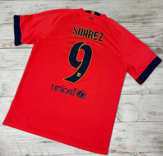 with LFP Patch Retro Jersey 2014-2015 Barcelona SUAREZ 9 Away Orange Soccer Jersey Vintage Football Shirt