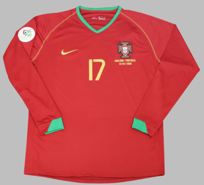 with Front Lettering+World Cup Patch Long Sleeve Retro Jersey 2006 Portugal Home Soccer Jersey Vintage Football Shirt