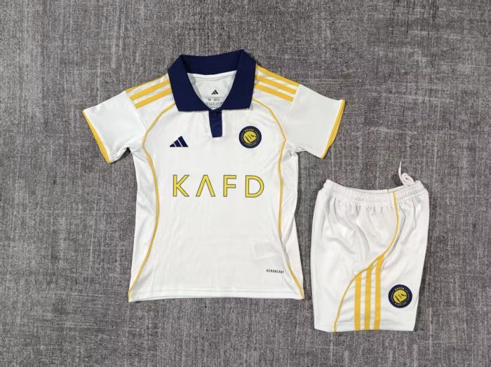 Youth Uniform Kids Kit Al Nassr 2025-2026 Third Away White Soccer Jersey Shorts Child Football Set