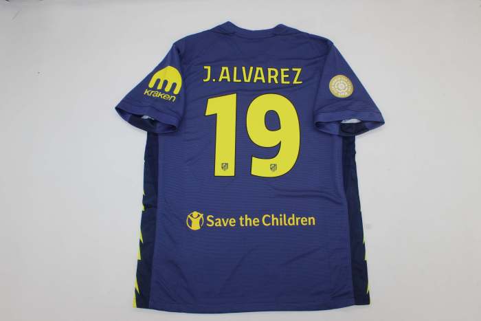 with  FIFA 2025 WORLD CLUB CUP Patch Fan Version 2025-2026 Atletico Madrid J.ALVAREZ 19 Away Dark Blue Soccer Jersey Football Shirt