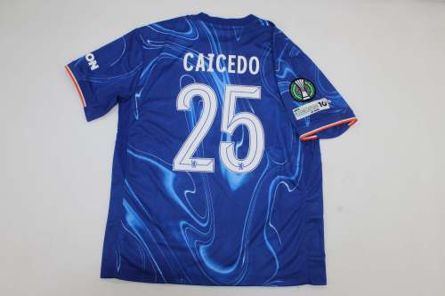 with Front Lettering+Europa Patch Fan Version 2024-2025 Chelsea CAICEDO 25 Europa Final Home Soccer Jersey Football Shirt