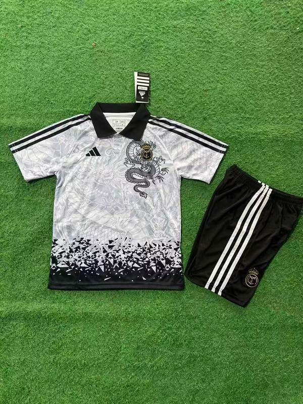 Youth Uniform Kids Kit 2025-2026 Real Madrid White/Black Dragon Soccer Jersey Shorts Child Football Set