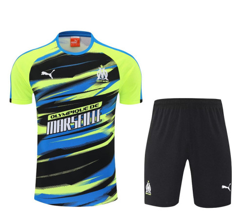 Adult Uniform 2025-2026 Marseille Blue/Black/Green Soccer Training Shirt and Shorts Football Set