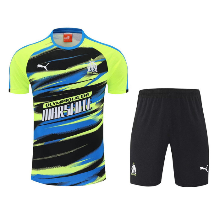 Adult Uniform 2025-2026 Marseille Blue/Black/Green Soccer Training Shirt and Shorts Football Set