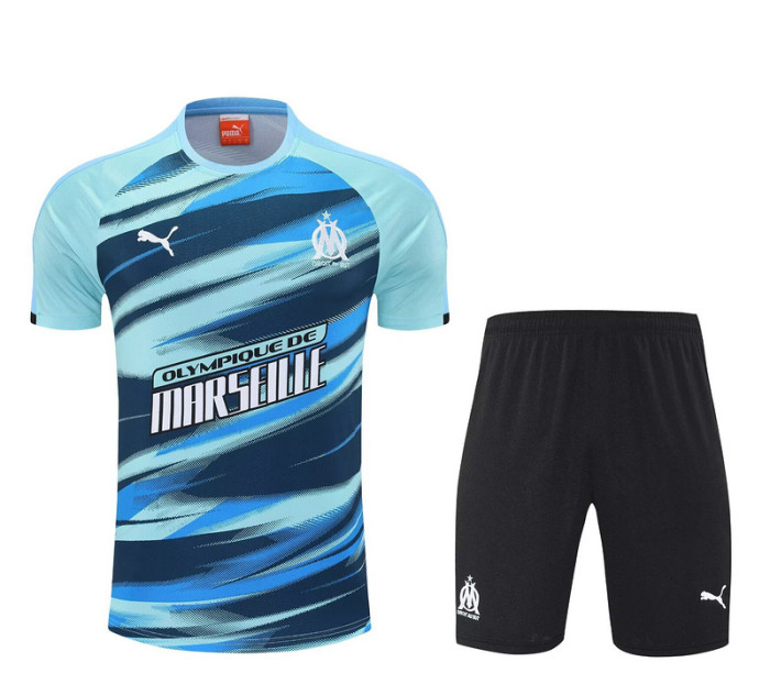 Adult Uniform 2025-2026 Marseille Blue Soccer Training Shirt and Shorts Football Set