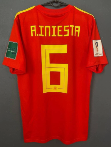 with World Cup Patch Retro Jersey 2018 World Cup Spain A.INIESTA 6 Home Soccer Jersey Camiseta de España Football Shirt