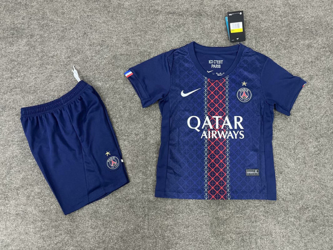 with one Star Youth Uniform Kids Kit 2025-2026 PSG Home Soccer Jersey Shorts Paris Child Football Set