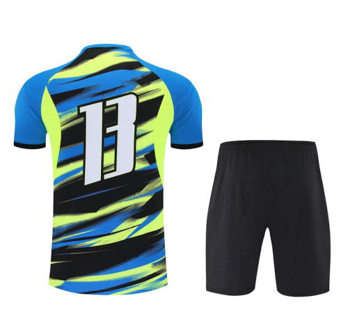 Adult Uniform 2025-2026 Marseille Blue/Black/Green Soccer Training Shirt and Shorts Football Set