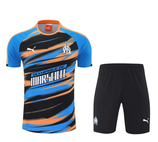 Adult Uniform 2025-2026 Marseille Blue/Black/Orange Soccer Training Shirt and Shorts Football Set