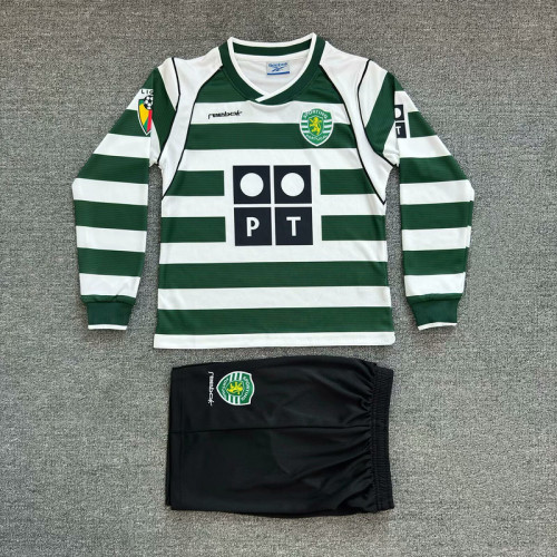Youth Kids Uniform Long Sleeve Retro Uniforms 2002-2003 Sporting Lisbon Home Soccer Jersey Shorts Vintage Football Kit