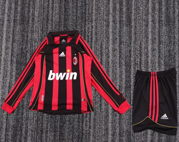 Retro Uniform Long Sleeve Youth Uniform Kids Kit 2006-2007 AC Milan Home Soccer Jersey Shorts Child Football Set