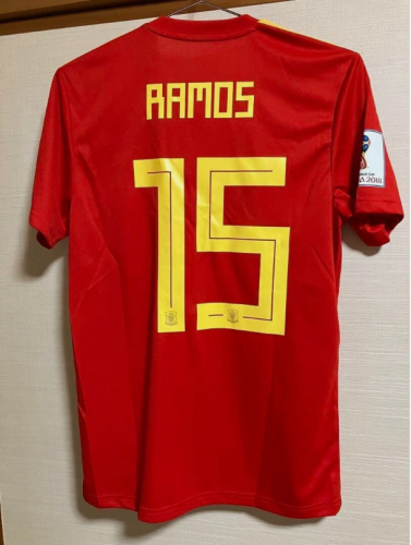 with Front Lettering+World Cup Patch Retro Jersey 2018 World Cup Spain RAMOS 15 Home Soccer Jersey Camiseta de España Football Shirt