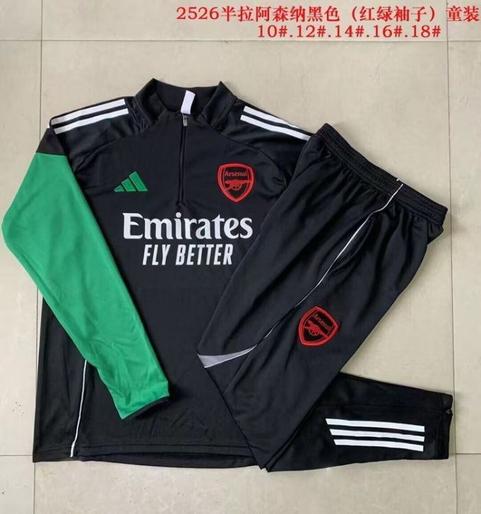 Youth 2025-2026 Arsenal Black/Green Soccer Training Sweater and Pants Football Kit