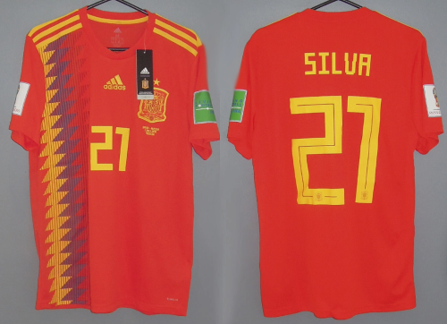 with Front Lettering+World Cup Patch Retro Jersey 2018 World Cup Spain SILVA 21 Home Soccer Jersey Camiseta de España Football Shirt