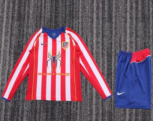 Long Sleeve Retro Youth Uniform Kids Kit 2004-2005 Atletico Madrid Home Soccer Jersey Shorts Vintage Child Football Set