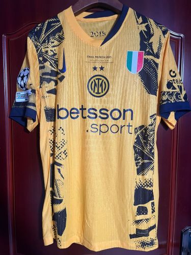 with Front Lettering+Scudetto+UCL Patch Player Version 2024-2025 Inter Milan UCL Final Match Third Away Yellow Soccer Jersey Football Shirt