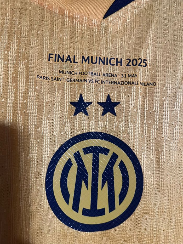 with Front Lettering+Scudetto+UCL Patch Player Version 2024-2025 Inter Milan UCL Final Match Third Away Yellow Soccer Jersey Football Shirt