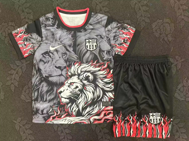 Youth Uniform Kids Kit 2025-2026 Barcelona Grey Lion Version Soccer Jersey Shorts Child Football Set