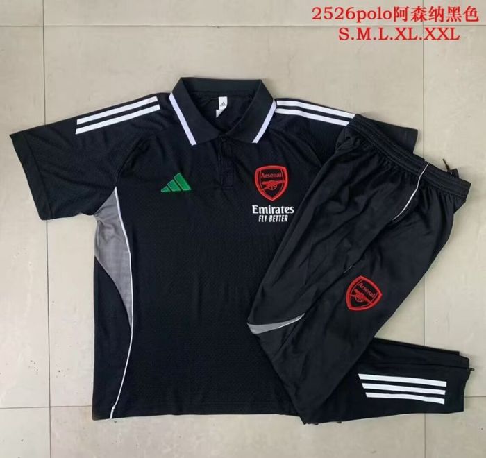 2025-2026 Arsenal Black Soccer Polo and Pants Football Kit