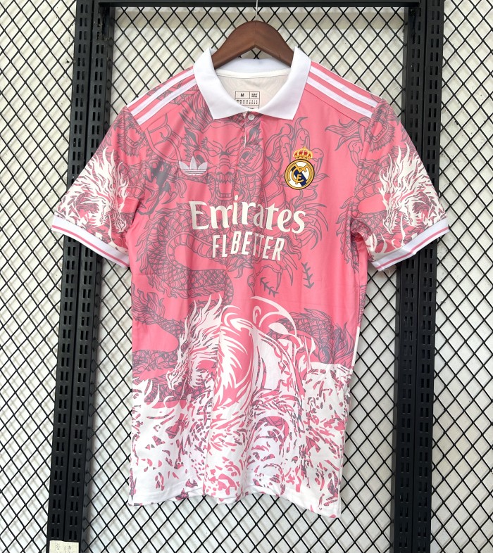 Fan Version Real Madrid 2025-2026 Pink/White Dragon Soccer Jersey Real Football Shirt