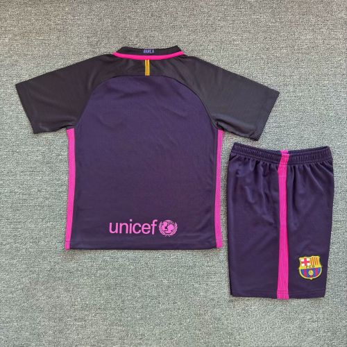 Retro Youth Uniform Kids Kit 2016-2017 Barcelona Away Purple Soccer Jersey Shorts Vintage Child Football Set