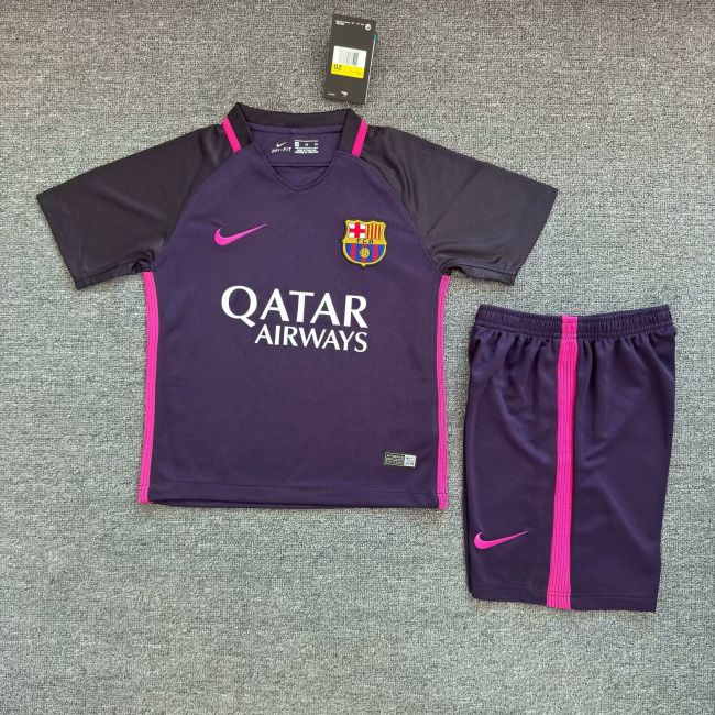 Retro Youth Uniform Kids Kit 2016-2017 Barcelona Away Purple Soccer Jersey Shorts Vintage Child Football Set