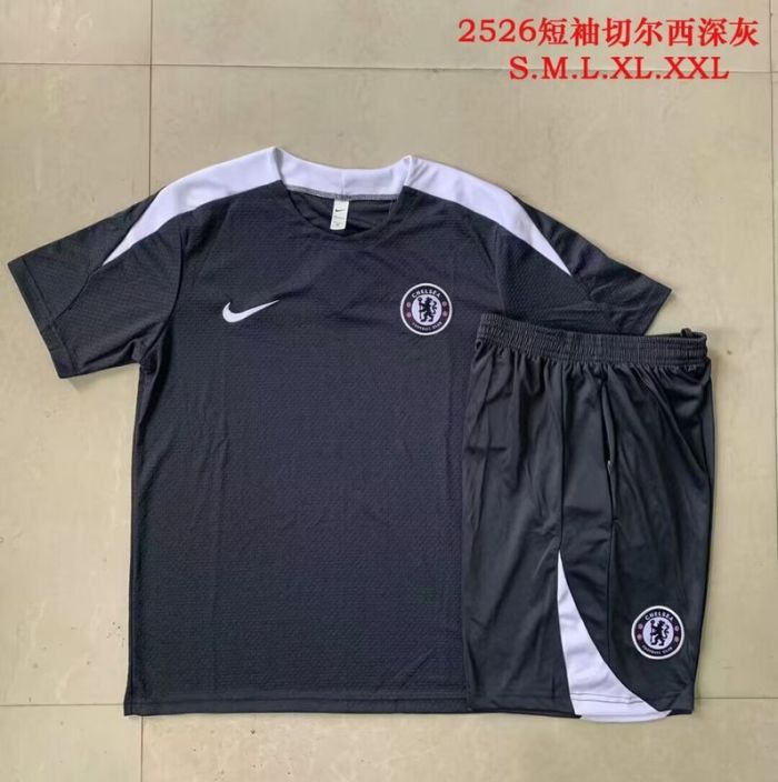 Adult Uniform 2025-2026 Chelsea Black/White Soccer Training Jersey and Shorts Football Set