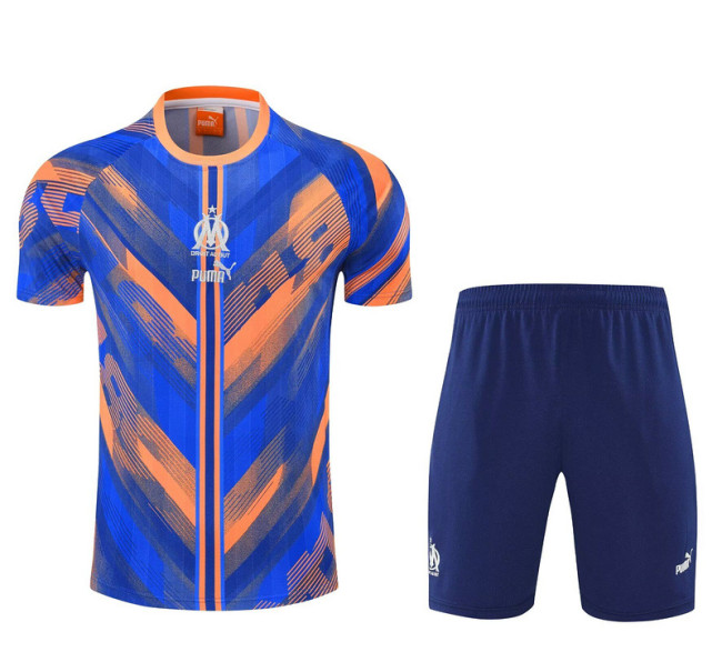Adult Uniform 2025-2026 Marseille Blue/Orange Soccer Training Jersey and Shorts Football Set
