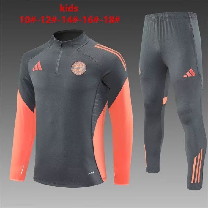 Youth 2025-2026 Bayern Munich Dark Grey/Orange Soccer Training Sweater and Pants Football Kit