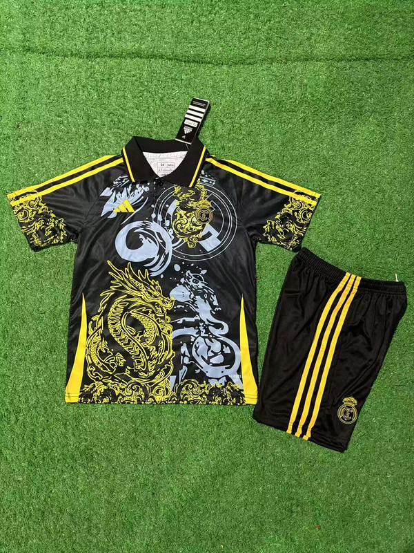 Youth Uniform Kids Kit 2025-2026 Real Madrid Black/Yellow Dragon Soccer Jersey Shorts Child Football Set