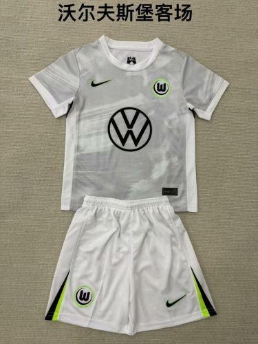 Youth Uniform Kids Kit 2025-2026 Wolfsburg Away Grey Soccer Jersey Shorts Child Football Set