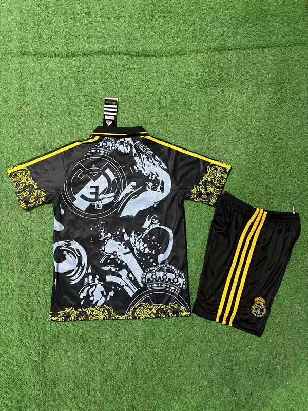 Youth Uniform Kids Kit 2025-2026 Real Madrid Black/Yellow Dragon Soccer Jersey Shorts Child Football Set