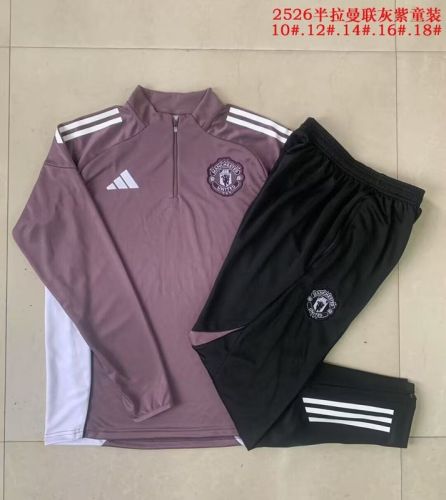 Youth 2025-2026 Manchester United Purple/White Soccer Training Sweater and Pants Football Kit