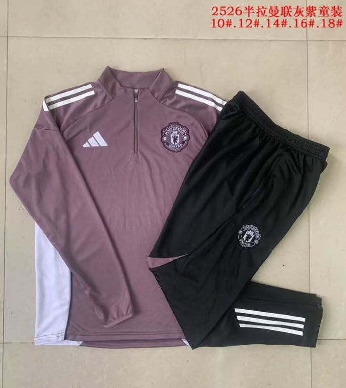 Youth 2025-2026 Manchester United Purple/White Soccer Training Sweater and Pants Football Kit